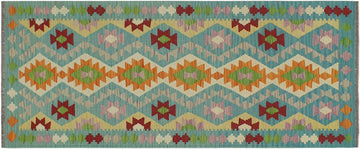 Flat Weave Kilim, Antique, Navaho, Vintage, Handmade, Geometric Kilim Blue Red Hand-Woven Runner 100% Wool Area Rug 3 x 6